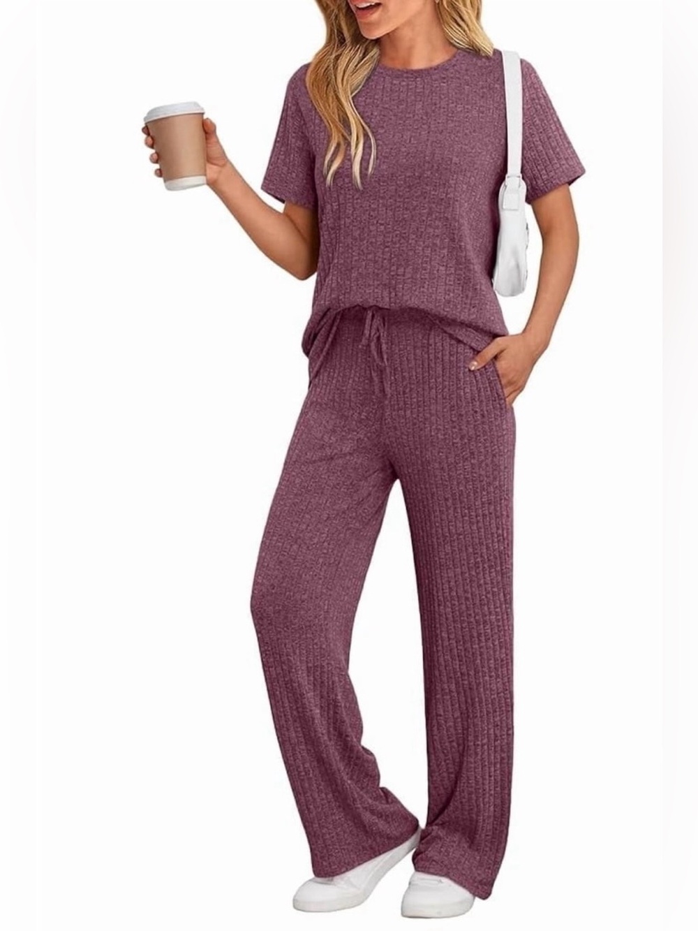 Wine Red Ribbed Knit 2 Piece Lounge Set - Wide Leg - 2XL